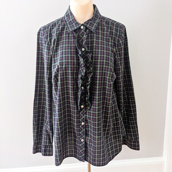 LL Bean Women's Ruffle Front Button Plaid Shirt - Picture 1 of 6